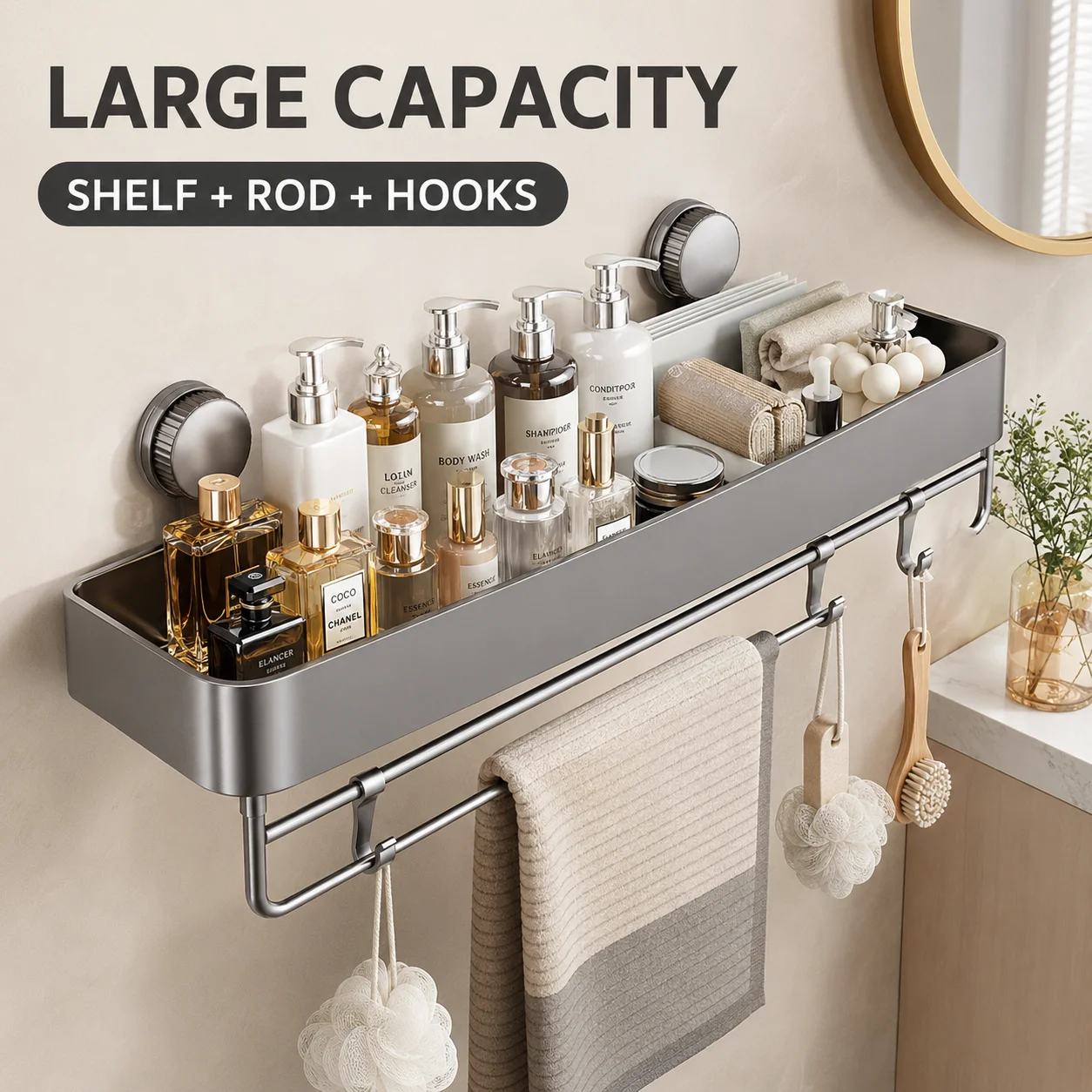 Heavy-Duty Suction Cup Shower Shelf – Wall-Mounted Floating Shelf with Quick-Adhesive Mount; Space-Saving Organizer for Shampoo and Soap; Suitable for Bathtubs, Shower Stalls, and Rentals.