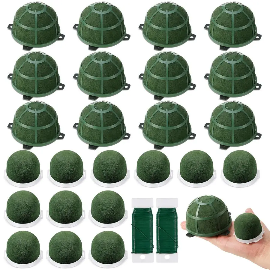 

24 Pcs Floral Foam Cage, Include 12 Small Round Floral Cage 12 Mini Flower Foam Holder with 2 Pcs Green Wire Wet Green for Fresh