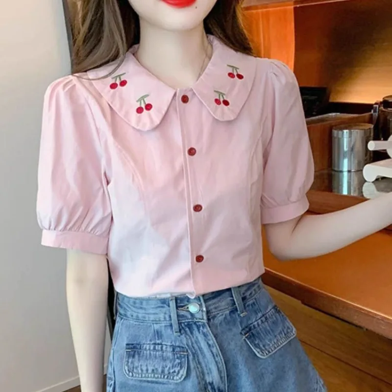 2024 Summer New Preppy Style Fashion Blouses Embroidered Sweet Peter Pan Collar Single-breasted Loose Short Sleeve Women\'s Shirt