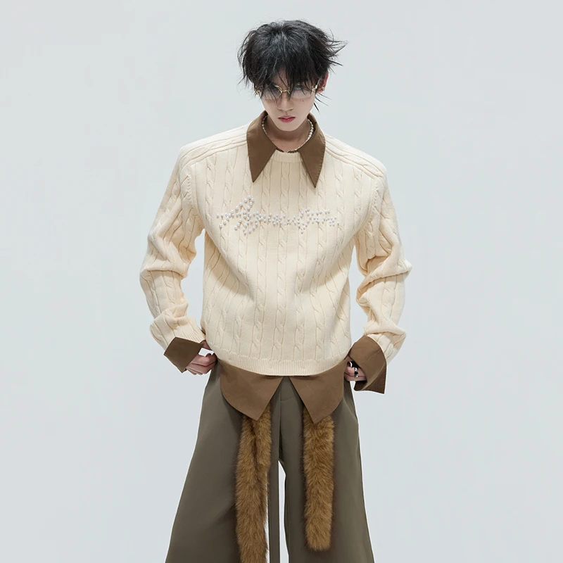 LUZHEN 2025 Autumn Winter New Fake Two Piece Design Knitted Pullover Men's Fashion High Quality Embroidery Pearl Sweater JY4822
