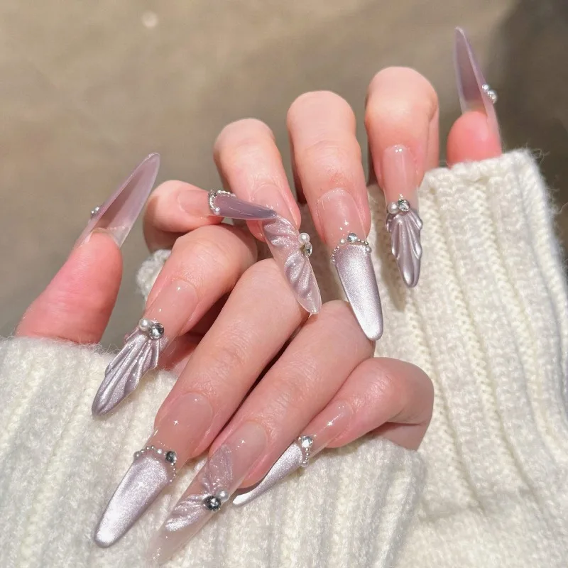 

10 Pcs 2026 Purple Cat's Eye Press on Nails Extra Long False Nails with Design Fake Nails Self-nail with Box and Tools Removable