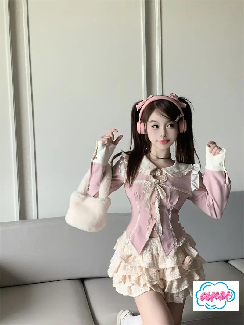 اليابانية الدوبامين ارتداء الحلو دعوى سيدة مزاجه الوردي نحيل الخصر دمية طوق كم طويل قميص أعلى الخريف الباليه كعكة تنورة