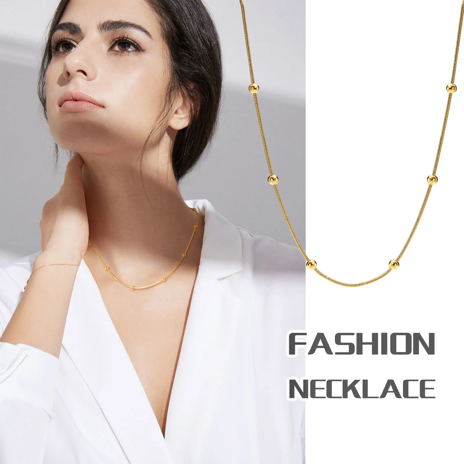 Snake Ball Beaded Chain Necklace, Women Choker Satellite Chain Necklace, Stainless Steel Jewelry - Detail 1