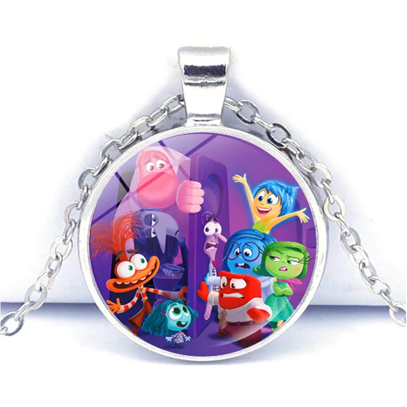 Disney Anime Figure Inside Out 2 Glass Necklace Cabochon Cartoon Pendant Silver Plated Chain Jewelry Accessories Christmas Gift