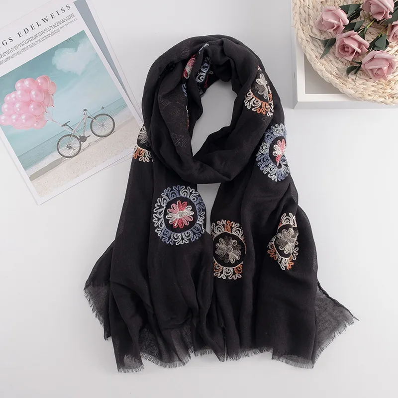 Women's Cotton and Linen Embroidered Scarf 2022 Deluxe Solid Hijab Cotton soft embroidered shawl wrapped women's Spring/summer S