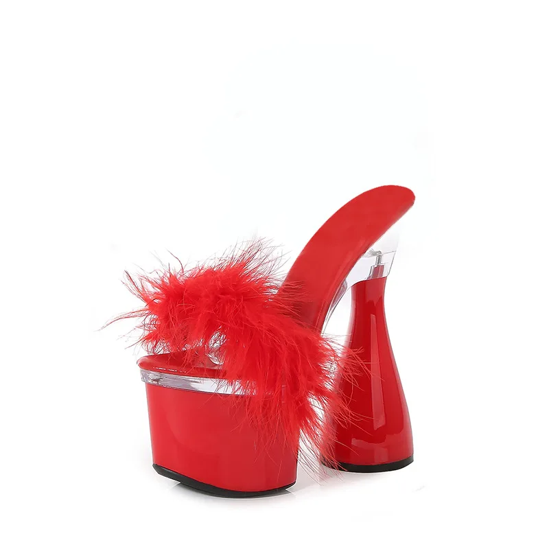 Summer Women Furry Slippers Peep Toe Sandals Platform Party Shoes 18CM High Heel Steel Pipe Dance Pumps Drop Shipping