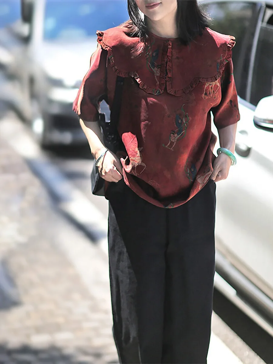 

Classical Red Cloud Silk Print irt Romantic Dunhuang Artistic Loose Fit ort Sve Women's Daily Wear Breathable Silk