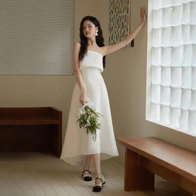 Vestido De Novia largo De satén sin tirantes para mujer, traje Sexy clásico, elegante, sencillo y cómodo, novedad De 2023