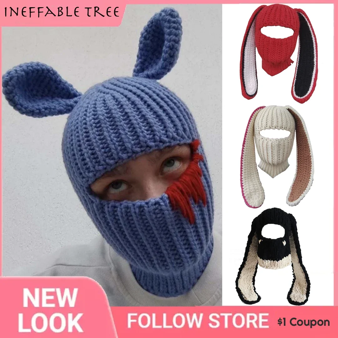 

Harajuku Gothic Rabbit Ears Knitted Hat Women Winter Warm Windproof Earflap Cap Punk Streetwear Halloween Christmas Decoration