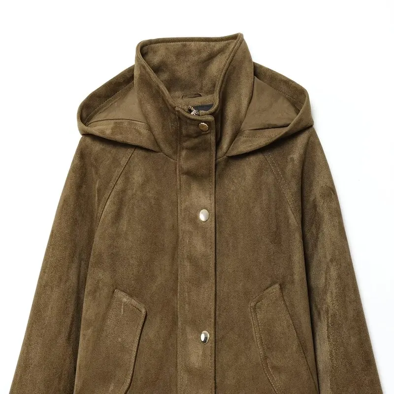 Otoño 2025 nueva mujer Faion Stand Collar efecto piel sintética con capucha Jaet abrigo largo Sve ort Sle cierre de botón