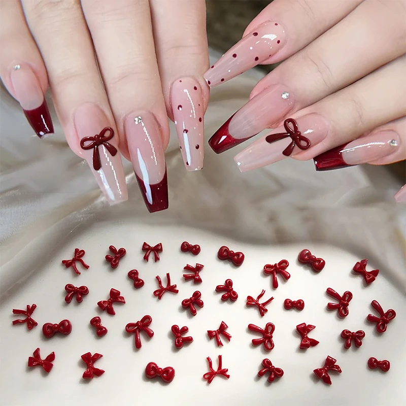 100PCS 3D Nail Art Red Bow Charms Supplies Kawaii Accessories Resin For Nails Decorastion Product Manicure Decor Materials Tool
