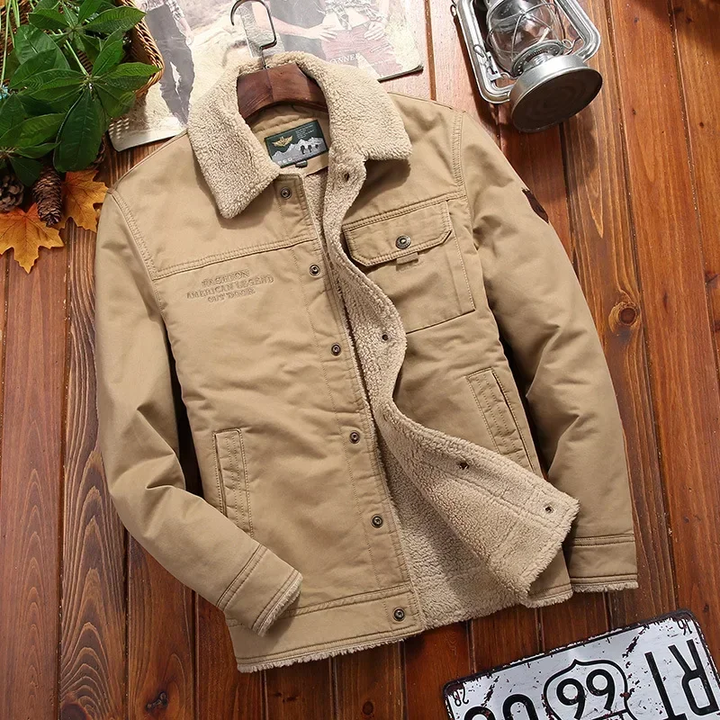 

Men New Fleece-lined Thickened Warm Men's Coat Casual Khaki Green Lamb Parka Men Trendy Jacket Cotton Denim Winter Jacket