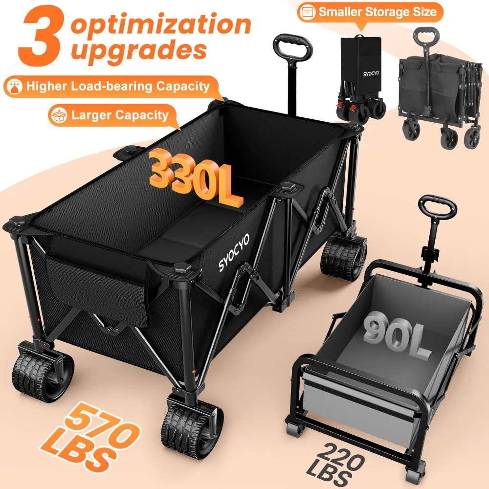 Beach Wagon Carts Foldable 570LBS Collapsible Wagon with Big All-Terrain Wheels for Sand 330L Heavy Duty Utility Carts