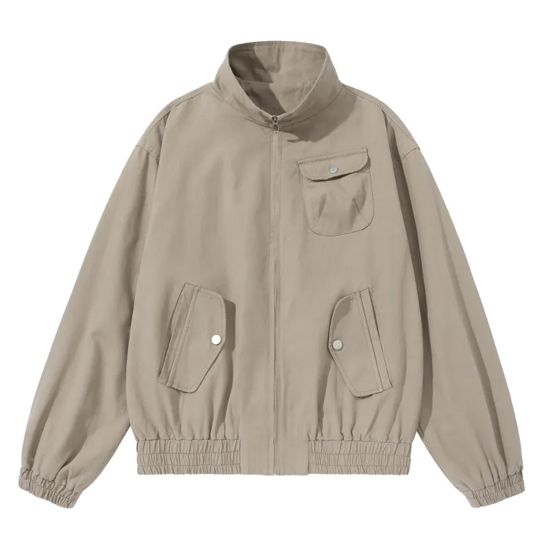 

Retro American Stand Collar Zipper ort Jaet Chest ket Design ex Workwear Jaet Spring Autumn Cotton Casual