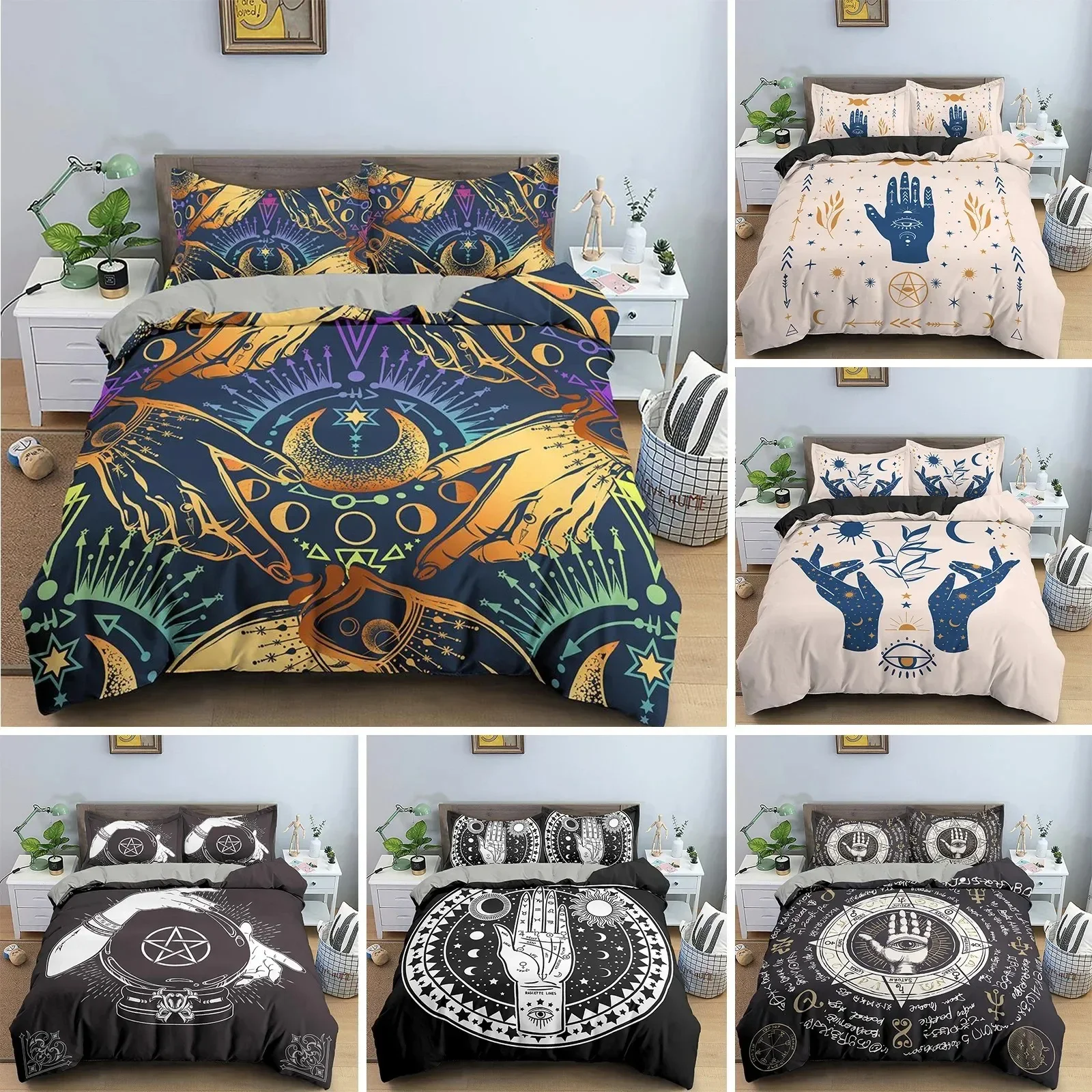 

Sun Moon Bedding Set Mystical Lucky Hand Duvet Cover Full King Hamsa Eye Divination Seedlings Khaki 3D Polyester Quilt Cover