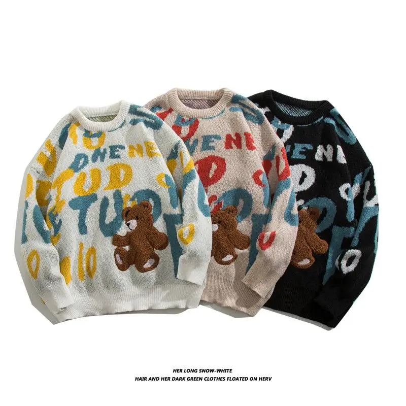 

Men's Spring Autumn Knitted Sweater Letter Print Loose Fit Hong Kong Sle Casual Long Sve round Ne Knitwear