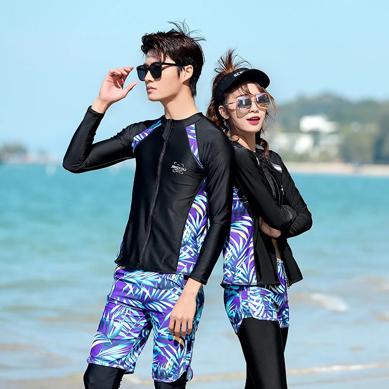 Long Sleeve Split Couple Swimwear Diving Surfing Suit Printed Sports Style Sexy Women Five Piece Set Swimsuit Ladies Trousers