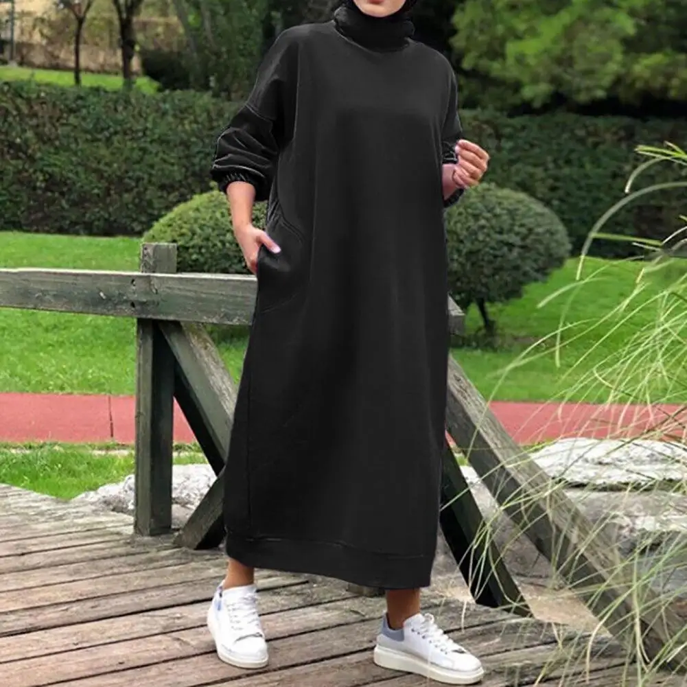 M-4XL Women Autumn Winter Hoodie Dress Loose Long Sleeves Solid Color Turtleneck Casual Plus Size Hooded Sweatshirt Dress