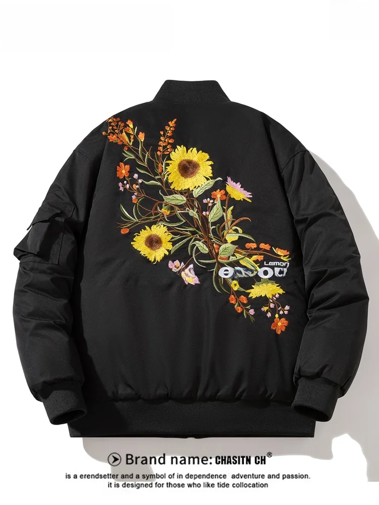 

Retro American Daisy Vine Embroidery Cotton Jacket Men's Autumn Winter Loose Flight Cotton Clothes Couple Thickened Outerwear