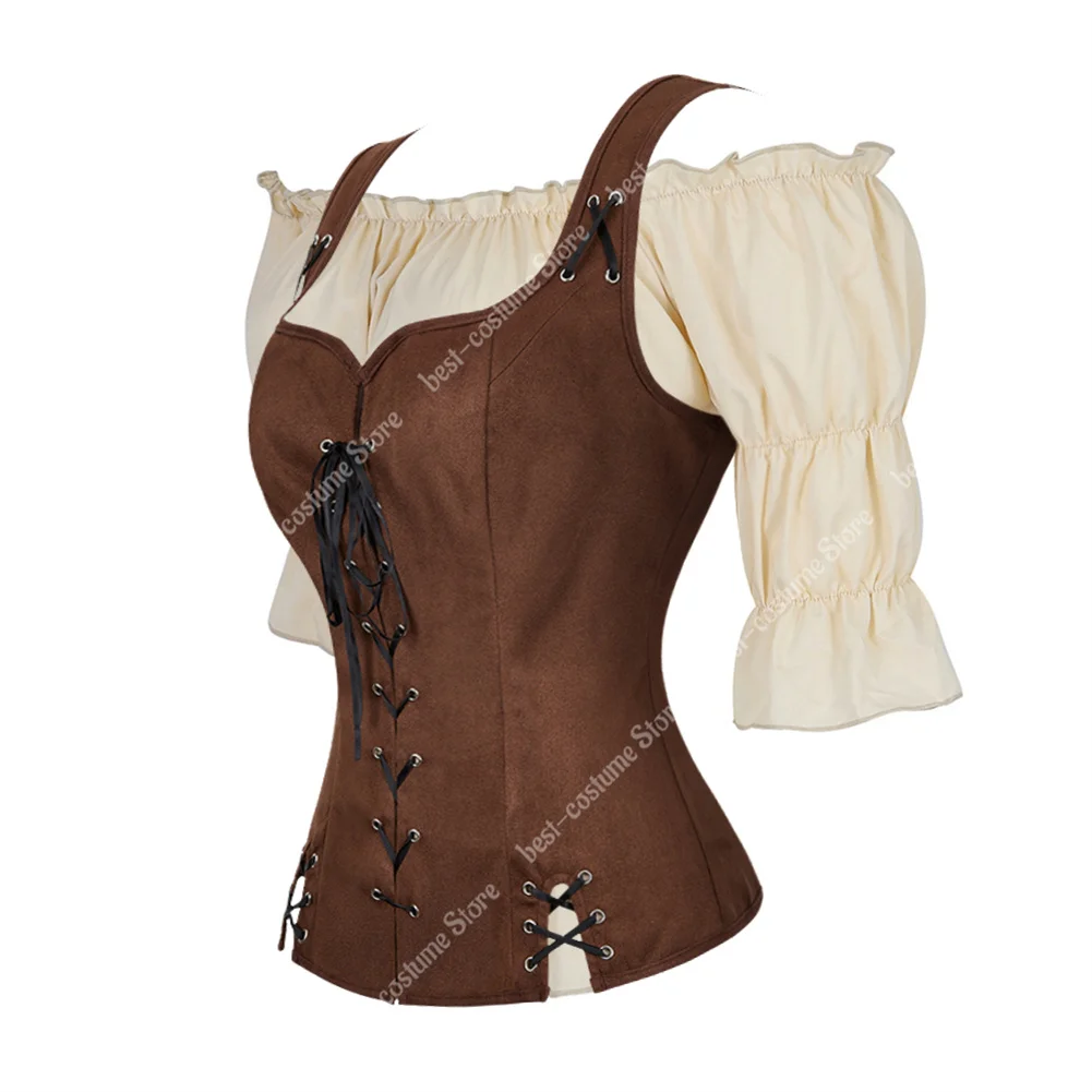 Piratenkostuum Dames Middeleeuws Vest Cosplay Plus Size Middeleeuwse Blouse Tops 2 Stuks Sets Renaissance Vest Bruin Zwart Blauw