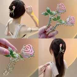 Elegant and Sweet Pink Roses Grab Clip Hairpin Large Metal Claw Crab Hairpin Shape Girl Fashion Hair Accessories Headwear