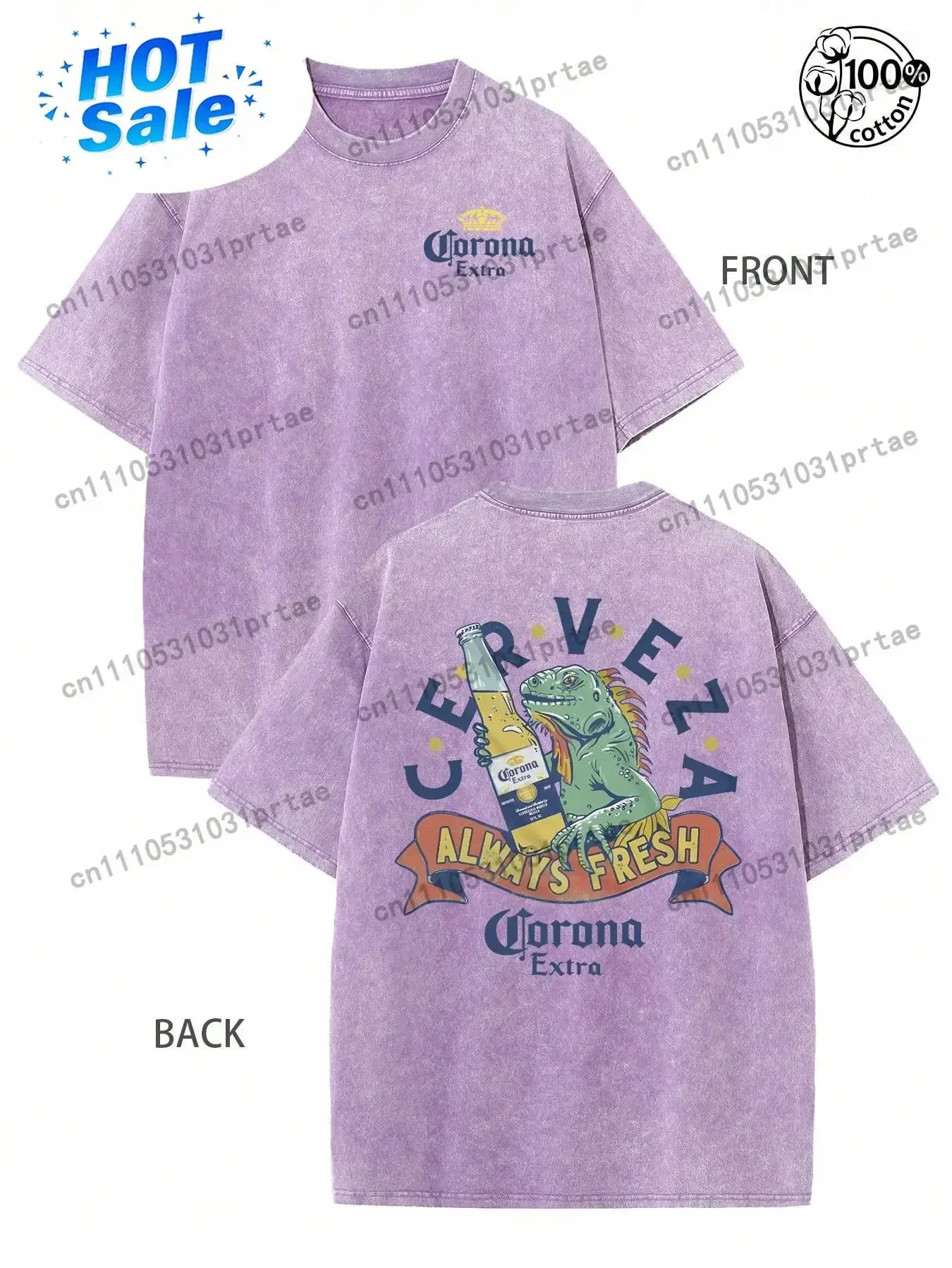 Graphic Tee With A Lizard Holding A Beer; Corona Extra , Always Fresh; Retro Washed T-Shirt With Double-Sided Printed (230G Pure