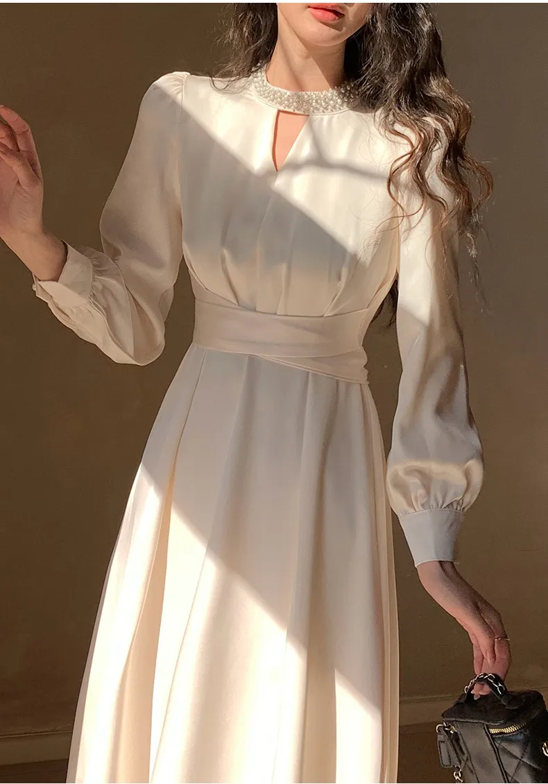 

Elegant Satin Long Dresses Women Spring Stand Collar Beaded Puff Sleeve Party Dress Lace Up Designer Female Clothes