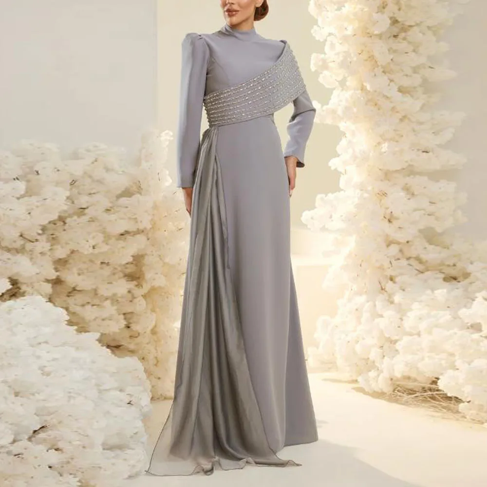 Customized Elegant Abiye Mother of the Bride Dress Crystal Cape Side Train Formal Evening Gown Grey Satin Wedding Party Dress