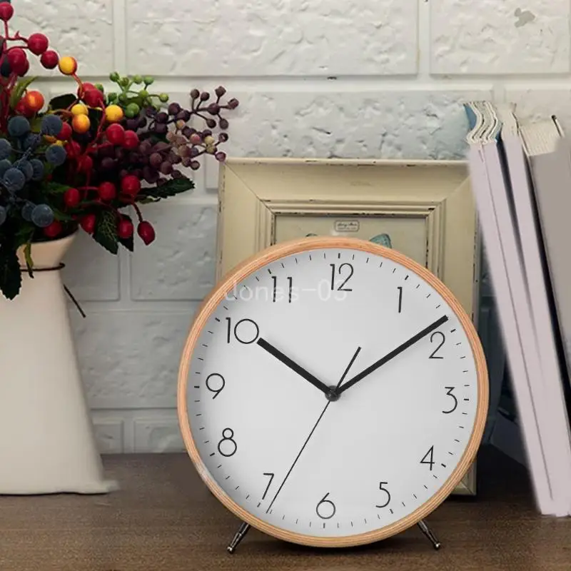 Q6PE Table Clock 8Inch Wooden Decorative Desktops Clock Battery Operated Wall Clock