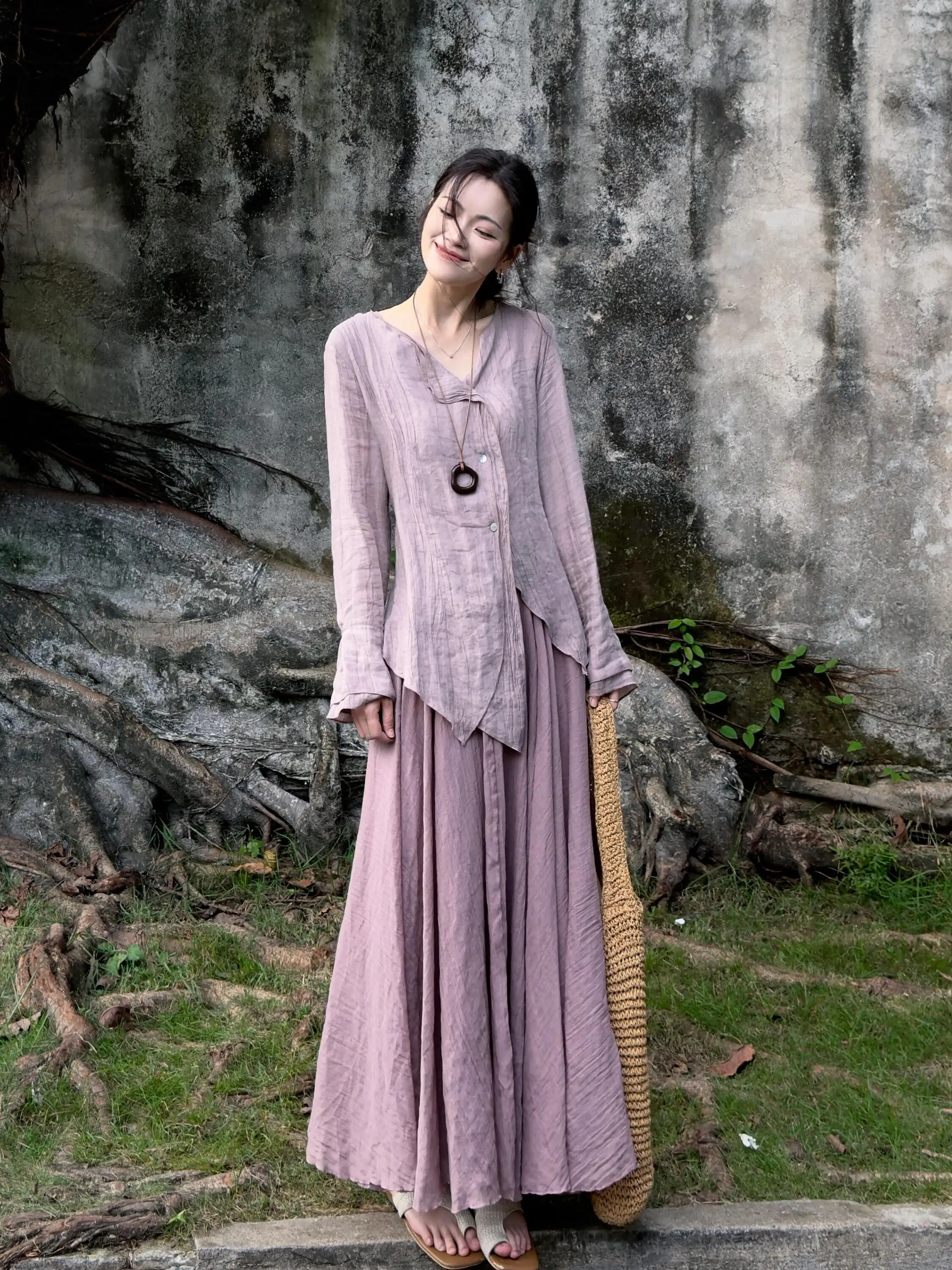 New Chinese Style Loose Women's Shirt And Skirt Set Linen Material Morning Autumn Set Casual Daily Wear Four Seasons Universal