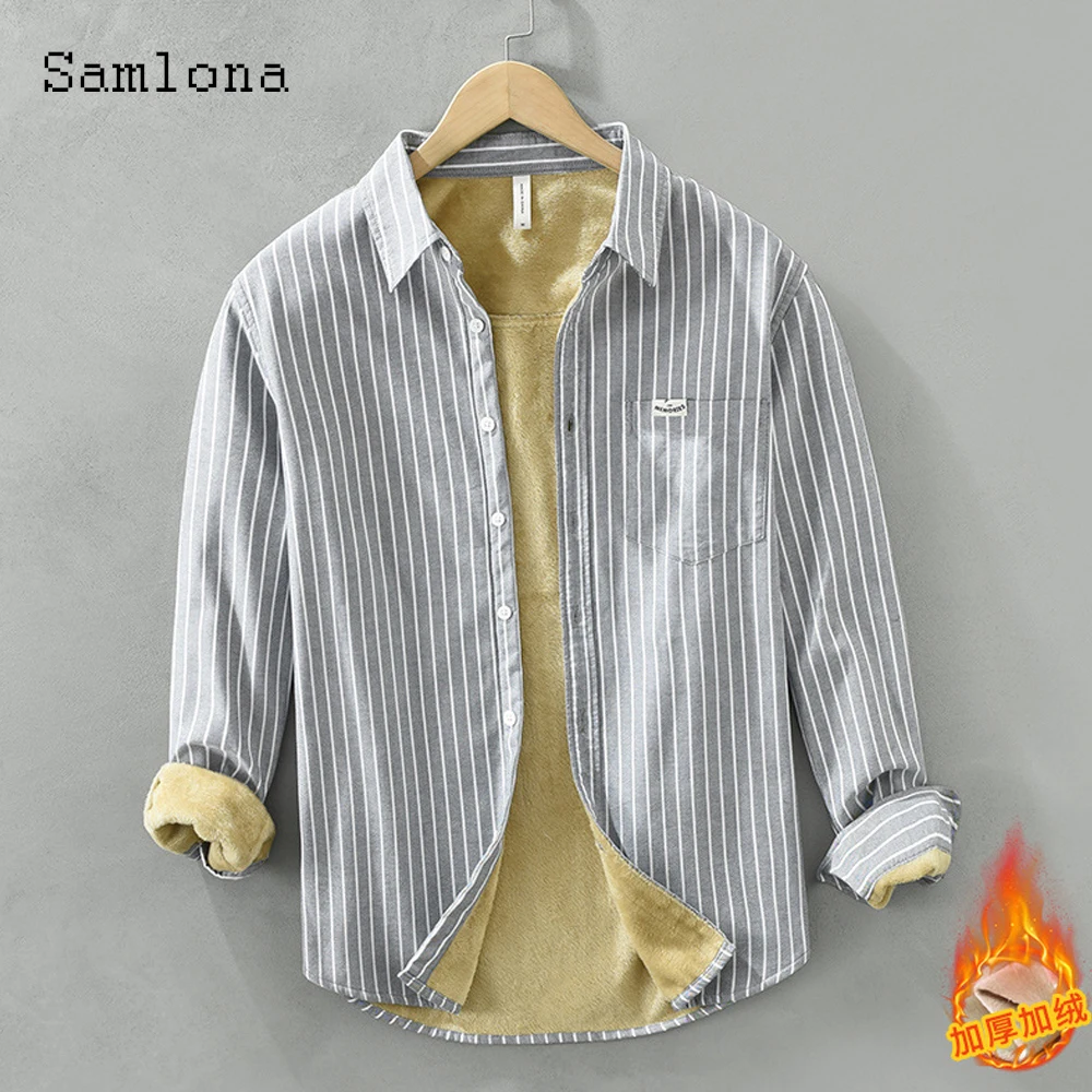 

Samlona Plus Size Mens Fashion Plush Outerwear Kpop Style Casual Stripe Jackets Lepal Collar Basic Tops 2023 Winter Cotton Coats