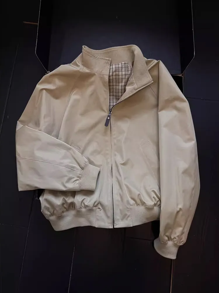 Street Style Deconstructed Pilot Jacket Men's Fashion Design Checkered  Short Baseball Coat Stand Collar Zipper Closure