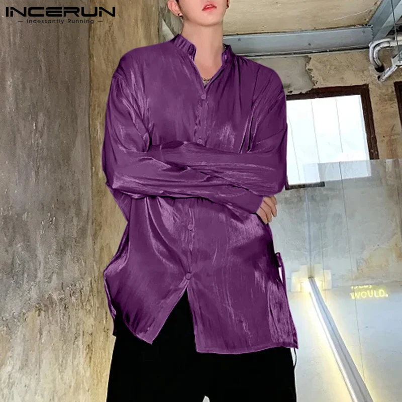 INCERUN Men Causal Long Sleeve Shirts Stand Collar Flash Of Light Solid Color Tops Backless Design Elegant Fashion Loose Blouses