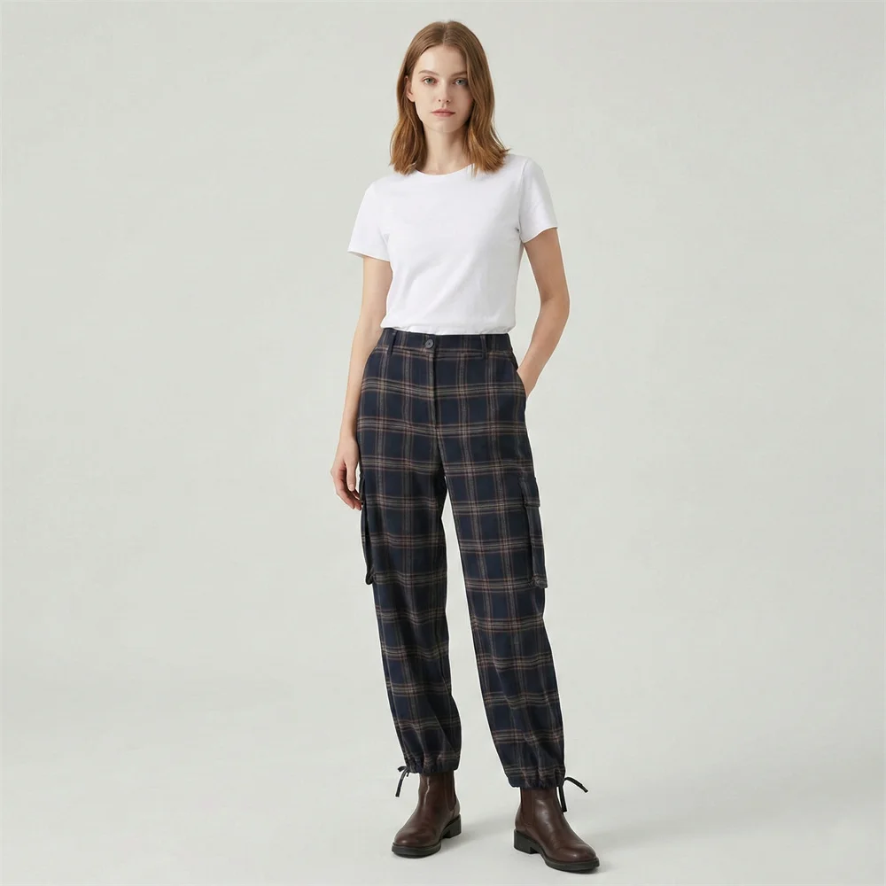 Women Plaid Safari Style Pant Set Single Breasted Jacket Coat & Long Cargo Trousers 2 Pcs Set for Spring Autumn Streetwear