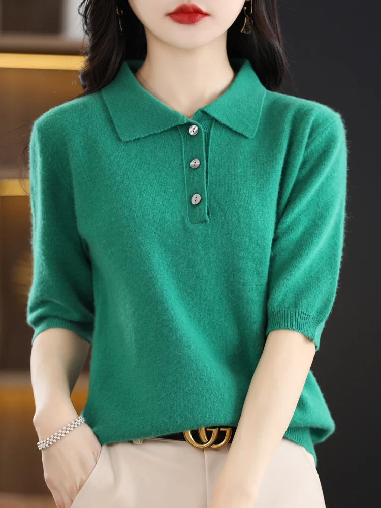 Women 100% Merino Wool Lapel Short Sleeve Pullover T-shirt For Spring Summer  Knitwear Soft Sweater Fashion Basic Clothing