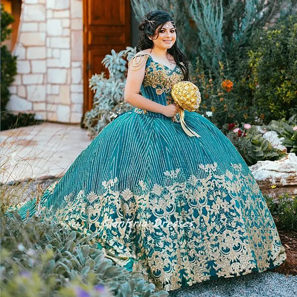 Hunter Grün Aus Der Schulter Ballkleid Quinceanera Kleider Mit Gold Kristall Appliques Party Süße 15 16 Kleid Quinceañera Anos