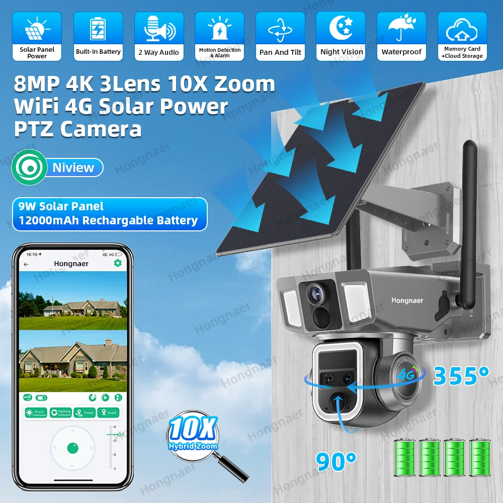 New Technology 3 Lens 10X Zoom WiFi 4G Network 2 In 1 Wireless Solar Panel Power PTZ Camera CCTV Outdoor Security Solar Camera