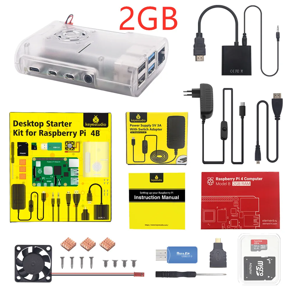 Original Raspberry Pi 4B Kit + ABS Case + 32GB SD Card+ EU Plug Power Adapter + Fan+ Heat Sink for Raspberry Pi 4