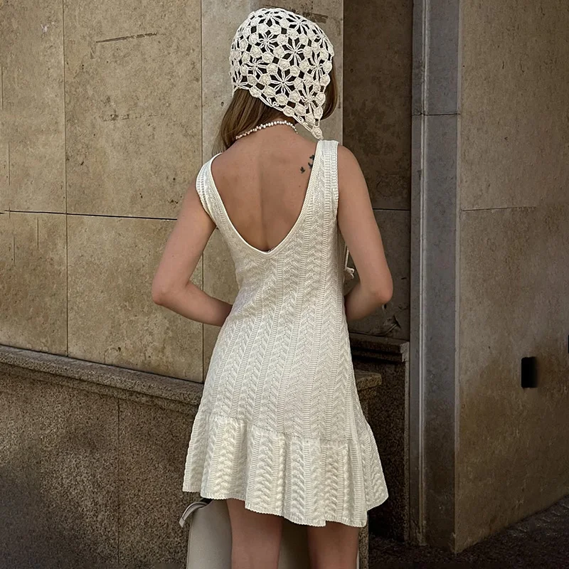 Tornova Sleeveless Mini Knitted Dress For Women Retro Hollow Tanks Dress Sexy Slim Backless Pleated Sweater Dress Female Fashion