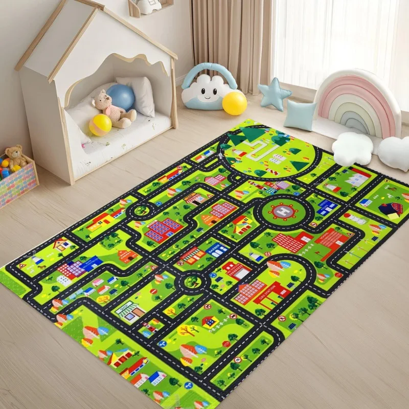 Transportation Road Print Carpet Children's Crawling Mat Interactive Educational Learning Floormat Soft Non-Slip Home Decor Rug