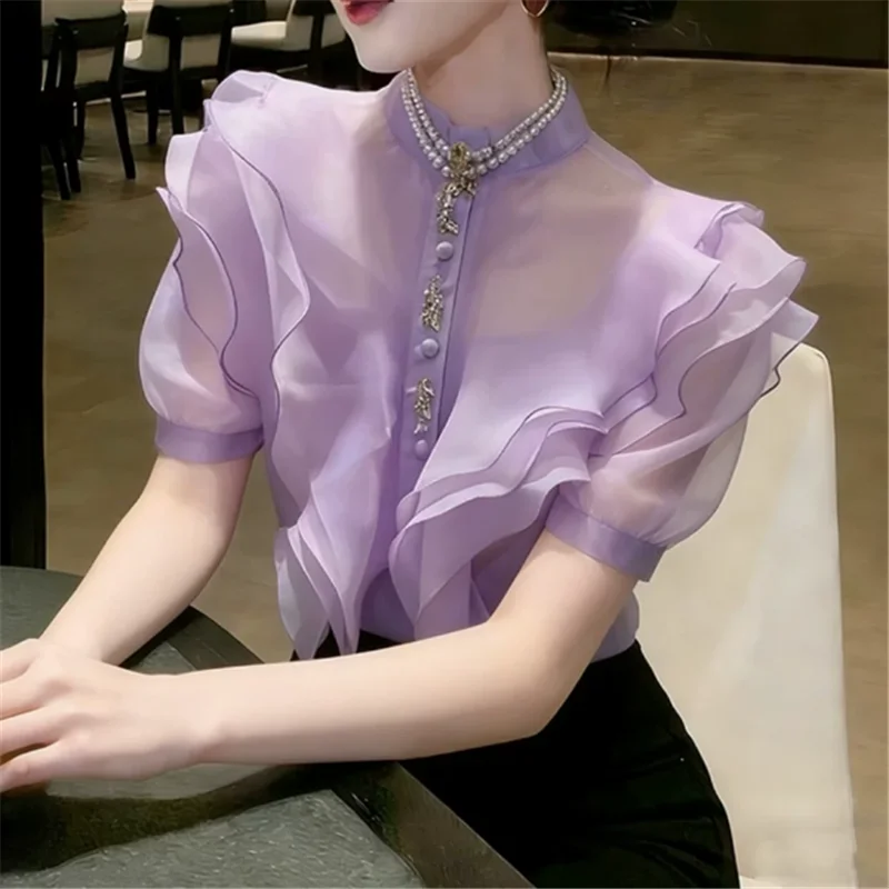 French Court Style Fairy Layered Ruffled Organza Shirt New Summer Short Puff Sleeve Sheer Blouse Yellow Purple See Through Top
