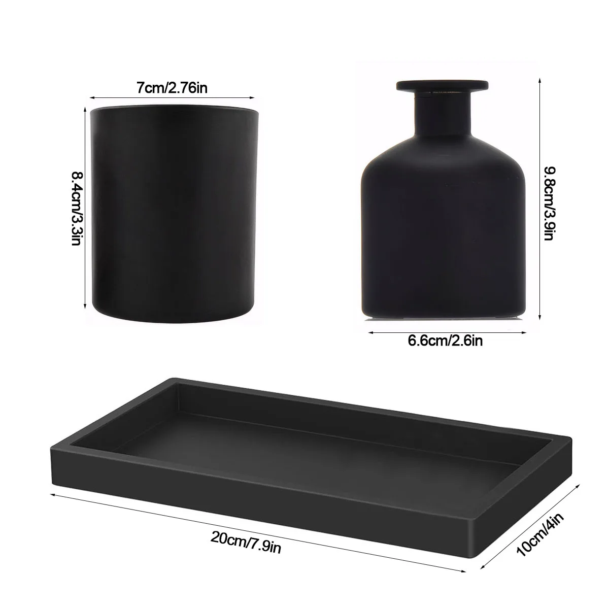 Bathroom Countertop Decoration Pendent Candle Container Aromatherapy Holder with Silicone Vantity Tray Black Glass Container