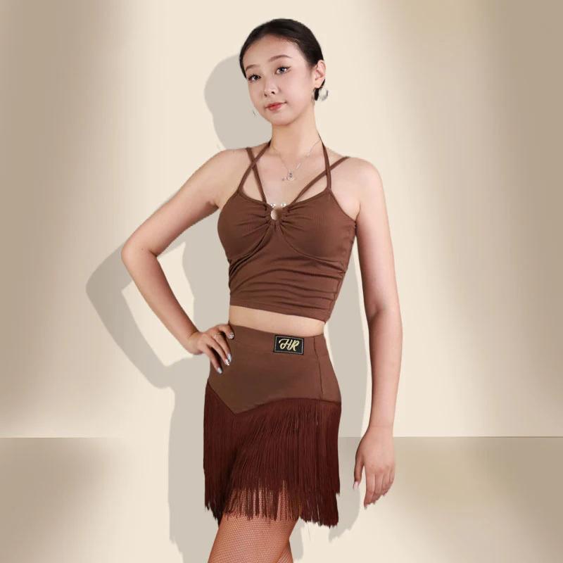 

2026 Summer Women's Latin Dance Clothes Short Tops Fringe Skirt Adult Cha Cha Rumba Samba Dance Practice Training Wear BL16790