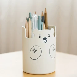 Cartoon Bear Pen Holder Round Desktop Cosmetics Lipstick Brush Storage Box Large Capacity Pen Organizer School Stationery