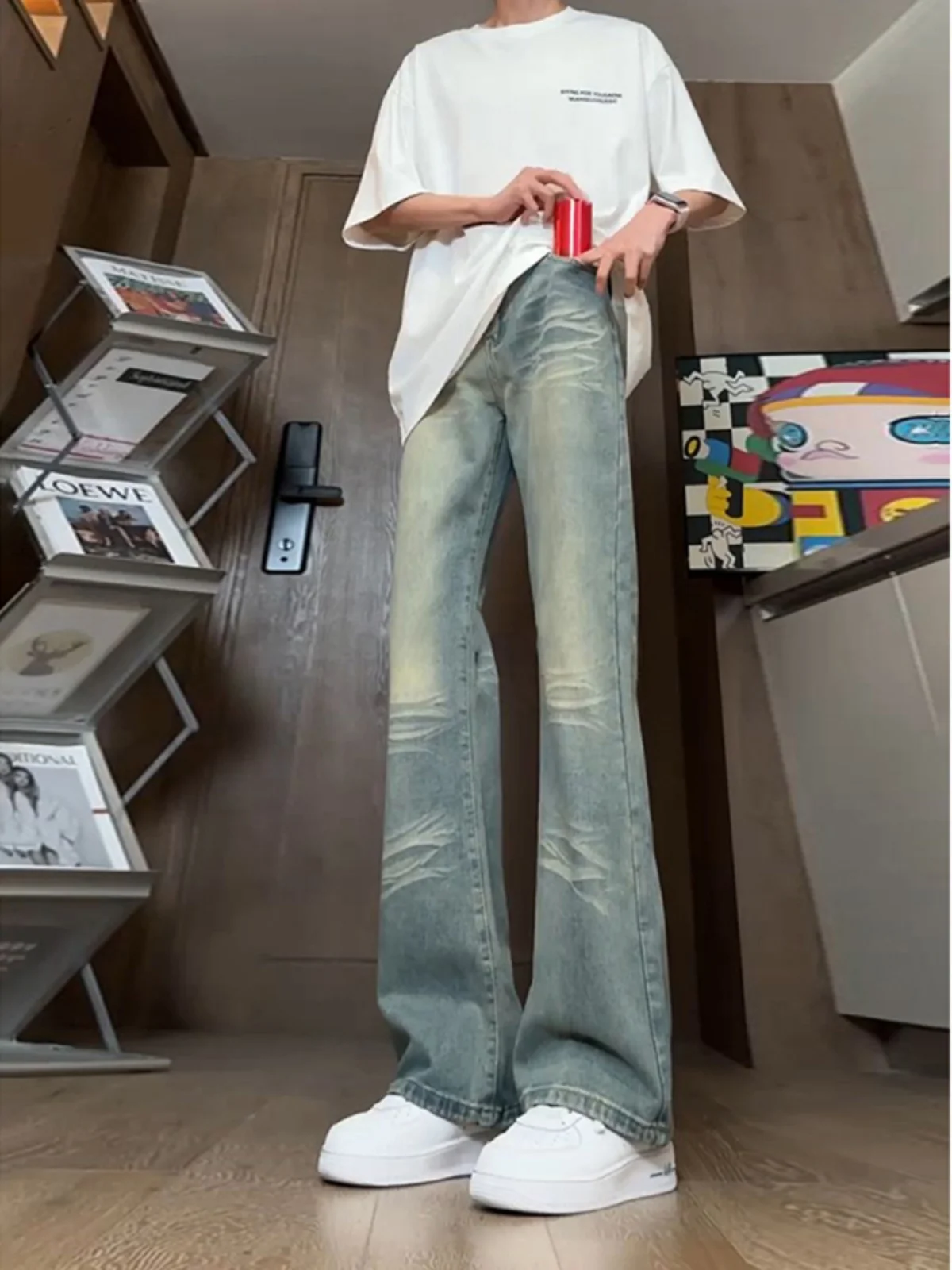 

Джинсы в американском стиле с широкими штанинами, облегающие, с высокой талией, прямого кроя, длинные брюки, модные мужские брюки для весны и осени.