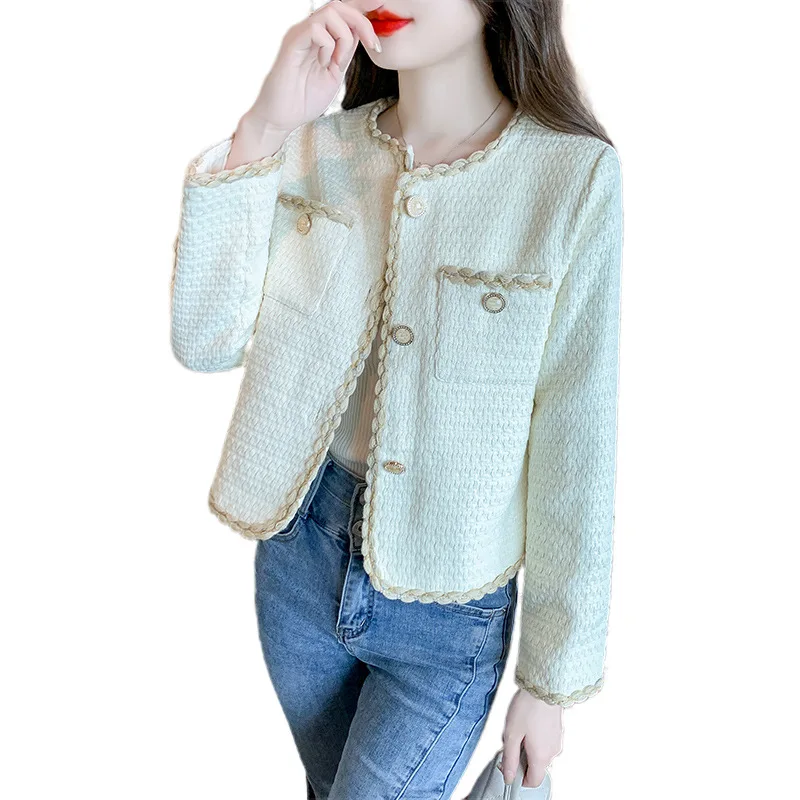 

Long sleeved tweed women's coat 2024 new autumn/winter apricot round neck woven temperament small fragrant style top