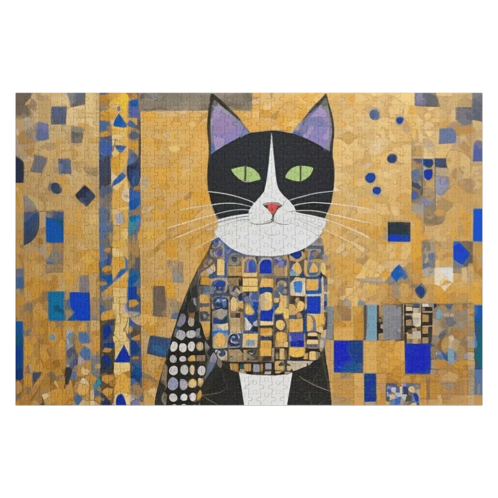 

Gustav Klimt Style Tuxedo Cat with Colorful Geometric Background Jigsaw Puzzle With Personalized Photo Custom Wood Puzzle