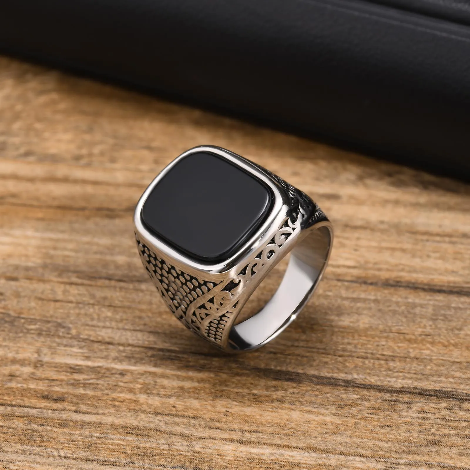 Men's Onyx Stone Silver Stainless Steel Ring