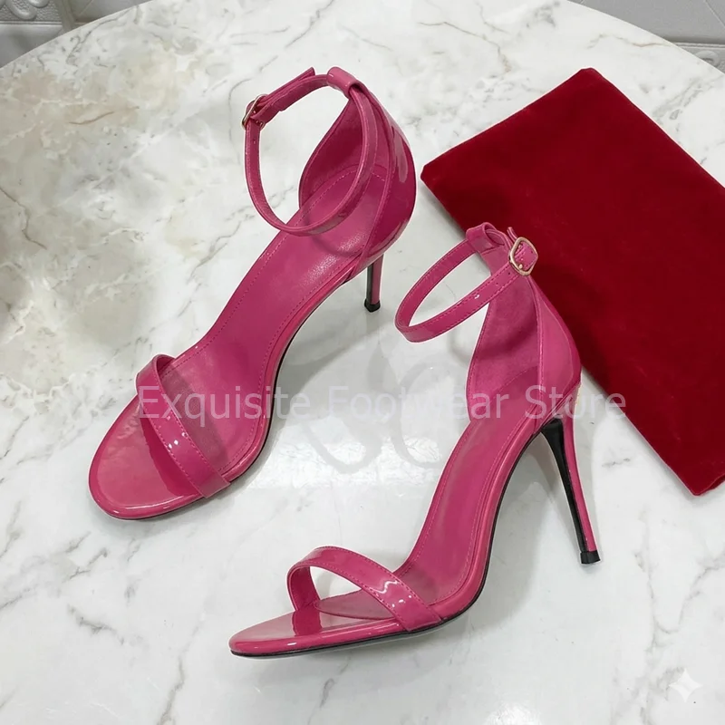 Minimalist Rose Red Patent Leather Heels Women Sexy Open Toe Stiletto Ankle Strap Summer Sandal Fashion Party Shoes Plus Size