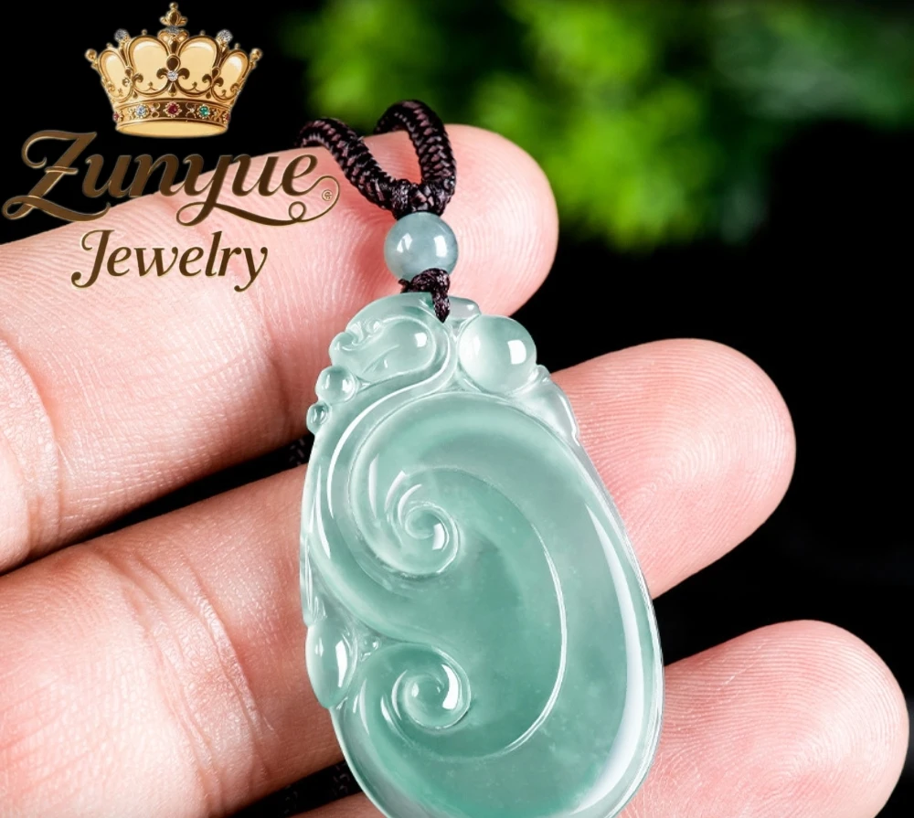 Natural Grade A Burmese Ice Blue Water Jadeite Hand Carved Ruyi Pendant Necklace Highend Charms Fashion Fine Jewelry Luxury Gift